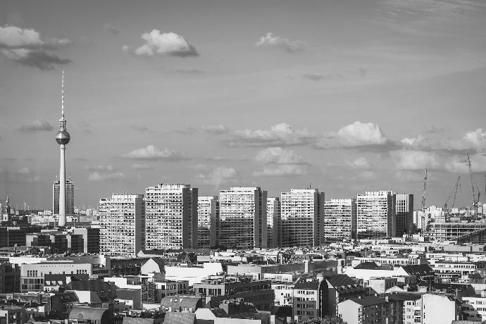 grayscale photo of high-rise buildings